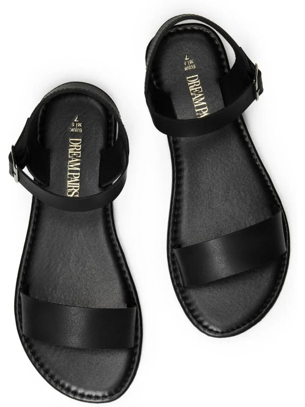 Women's Black Monochrome Ankle Strap Flat Open Toe One Band Buckle Summer Sandal